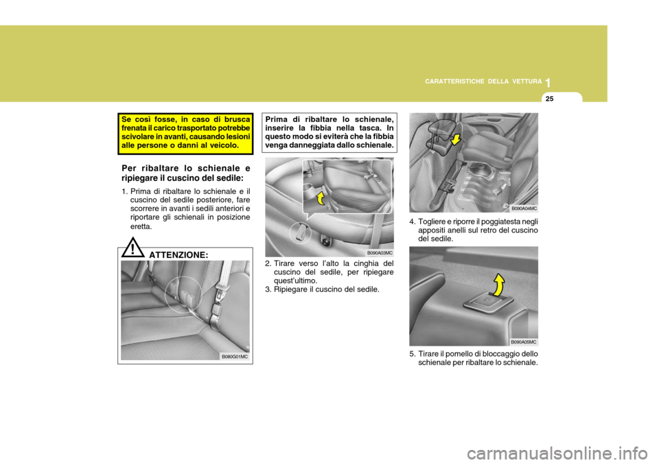 Hyundai Accent 2007  Manuale del proprietario (in Italian) 1
CARATTERISTICHE DELLA VETTURA
25
4. Togliere e riporre il poggiatesta negli
appositi anelli sul retro del cuscino del sedile.
5. Tirare il pomello di bloccaggio dello schienale per ribaltare lo schi