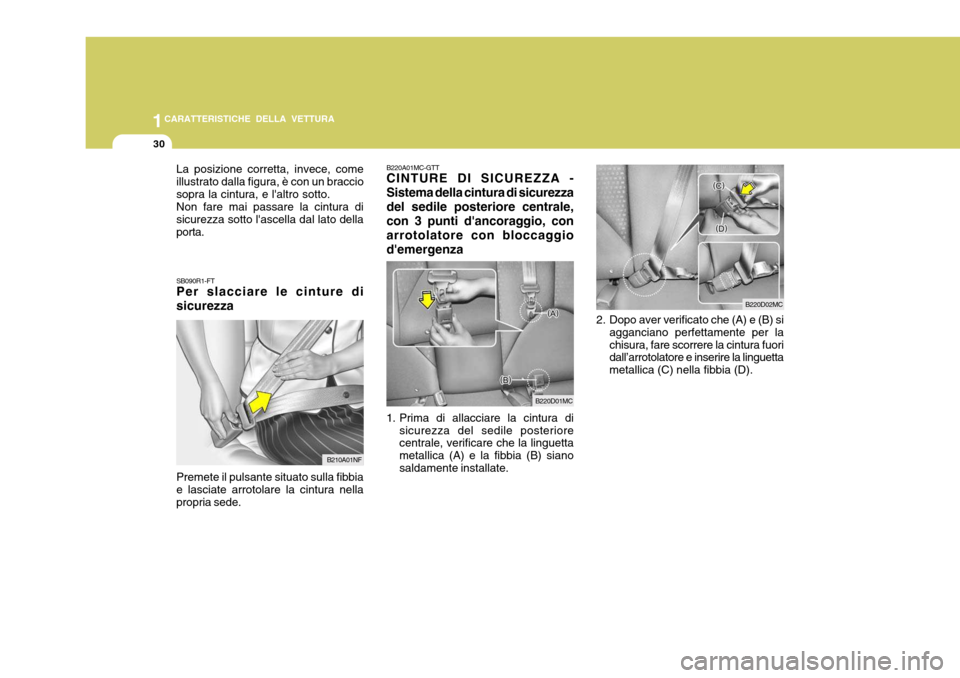 Hyundai Accent 2007  Manuale del proprietario (in Italian) 1CARATTERISTICHE DELLA VETTURA
30
B220A01MC-GTT CINTURE DI SICUREZZA - Sistema della cintura di sicurezzadel sedile posteriore centrale,con 3 punti dancoraggio, conarrotolatore con bloccaggiodemerge
