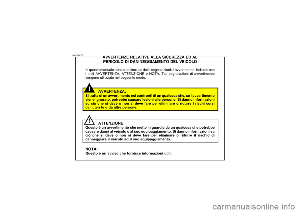 Hyundai Accent 2007  Manuale del proprietario (in Italian) !
SA070A1-FT
!AVVERTENZE RELATIVE ALLA SICUREZZA ED AL
PERICOLO DI DANINEGGIAMENTO DEL VEICOLO
In questo manuale sono state incluse delle segnalazioni di avvertmento, indicate con i titoli AVVERTENZA,