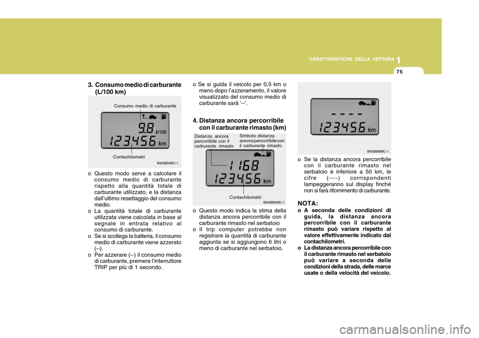 Hyundai Accent 2007  Manuale del proprietario (in Italian) 1
CARATTERISTICHE DELLA VETTURA
75
1
75
B400B04MC-1
3. Consumo medio di carburante
(L/100 km)
o Questo modo serve a calcolare il consumo medio di carburante rispetto alla quantità totale dicarburante