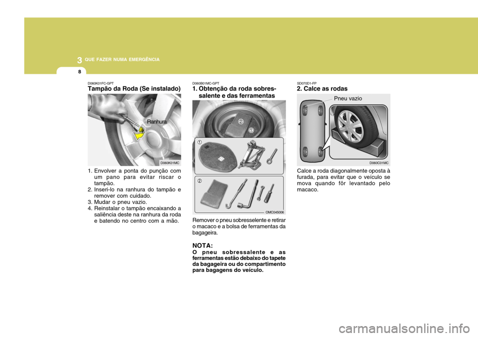 Hyundai Accent 2007  Manual do proprietário (in Portuguese) 3 QUE FAZER NUMA EMERGÊNCIA
8
D060C01MCD060K01MC SD070D1-FP
2. Calce as rodas
Pneu vazio
Calce a roda diagonalmente oposta à
furada, para evitar que o veículo se mova quando fôr levantado pelomaca