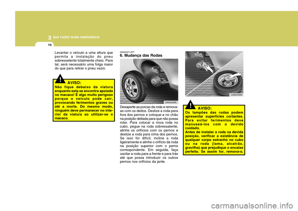 Hyundai Accent 2007  Manual do proprietário (in Portuguese) 3 QUE FAZER NUMA EMERGÊNCIA
10
!
D060G02Y-APT
6. Mudança das Rodas
AVISO:
Os tampões das rodas podem apresentar superfícies cortantes. Para evitar ferimentos devemanuseá-los com o devido cuidado.