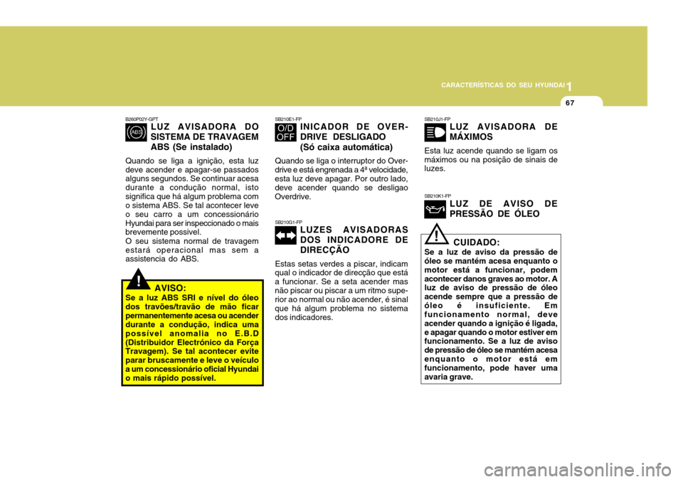 Hyundai Accent 2007  Manual do proprietário (in Portuguese) 1
CARACTERÍSTICAS DO SEU HYUNDAI
67
!
SB210E1-FP
INICADOR DE OVER- DRIVE DESLIGADO (Só caixa automática)
Quando se liga o interruptor do Over-
drive e está engrenada a 4ª velocidade, esta luz dev