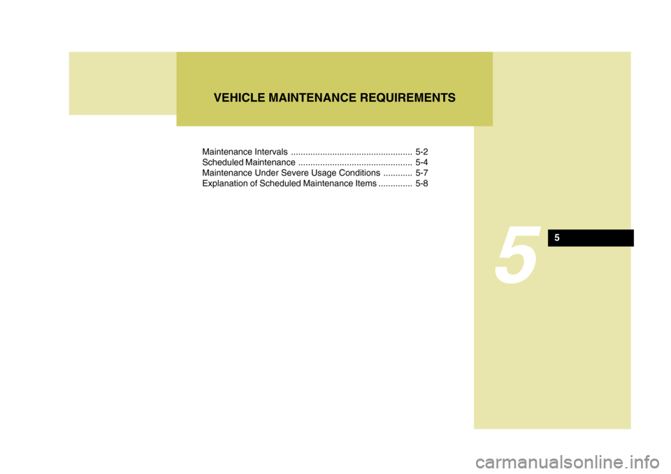Hyundai Accent 2006  Owners Manual Maintenance Intervals .................................................. 5-2 
Scheduled Maintenance ............................................... 5-4
Maintenance Under Severe Usage Conditions ......