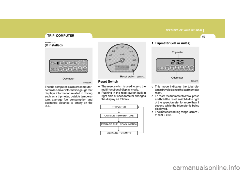 Hyundai Accent 2006 Owners Manual 1
FEATURES OF YOUR HYUNDAI
59TRIP COMPUTER
B400B01A
The trip computer is a microcomputer- controlled driver information gauge that displays information related to driving such as a tripmeter, outside Hyundai Accent 2006 Owners Manual 1
FEATURES OF YOUR HYUNDAI
59TRIP COMPUTER
B400B01A
The trip computer is a microcomputer- controlled driver information gauge that displays information related to driving such as a tripmeter, outside