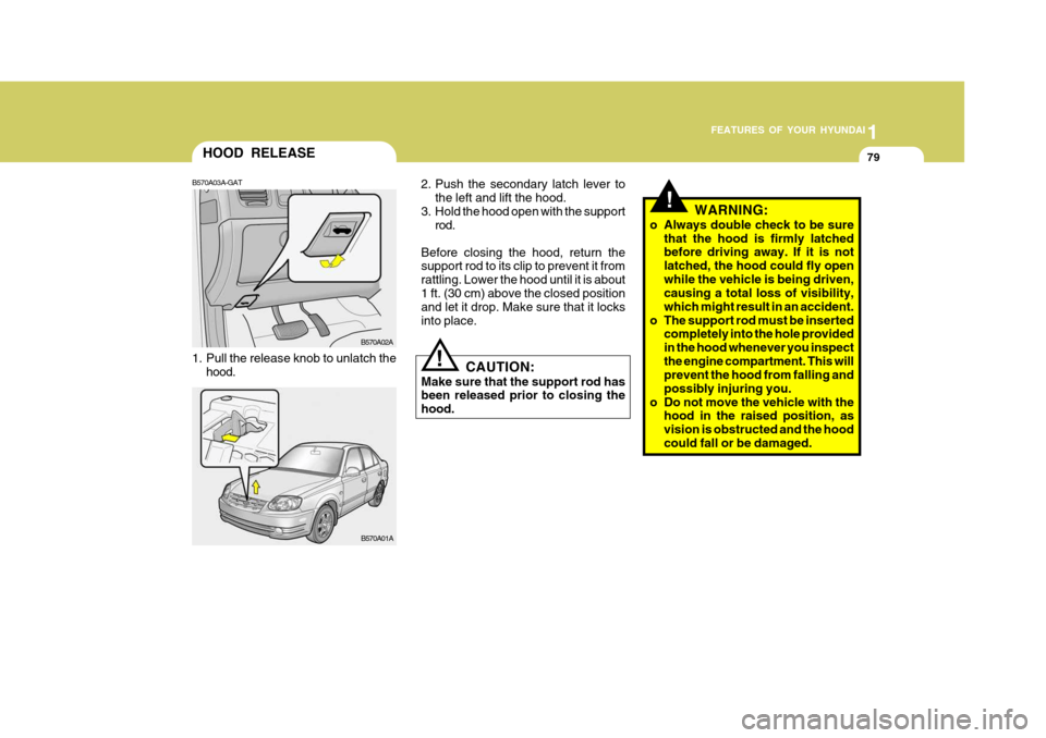 Hyundai Accent 2006 Owners Manual 1
FEATURES OF YOUR HYUNDAI
79HOOD RELEASE
B570A03A-GAT
1. Pull the release knob to unlatch the hood. CAUTION:
Make sure that the support rod has been released prior to closing the hood.
!
B570A02A
B5 Hyundai Accent 2006 Owners Manual 1
FEATURES OF YOUR HYUNDAI
79HOOD RELEASE
B570A03A-GAT
1. Pull the release knob to unlatch the hood. CAUTION:
Make sure that the support rod has been released prior to closing the hood.
!
B570A02A
B5
