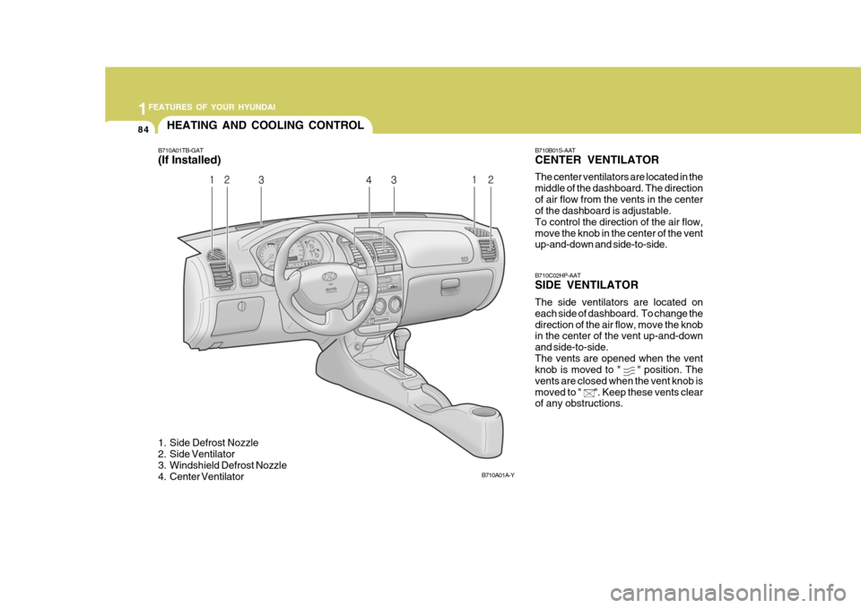 Hyundai Accent 2006 Owners Manual 1FEATURES OF YOUR HYUNDAI
84HEATING AND COOLING CONTROL
B710A01TB-GAT (If Installed)
1. Side Defrost Nozzle
2. Side Ventilator
3. Windshield Defrost Nozzle
4. Center Ventilator B710B01S-AAT CENTER Hyundai Accent 2006 Owners Manual 1FEATURES OF YOUR HYUNDAI
84HEATING AND COOLING CONTROL
B710A01TB-GAT (If Installed)
1. Side Defrost Nozzle
2. Side Ventilator
3. Windshield Defrost Nozzle
4. Center Ventilator B710B01S-AAT CENTER