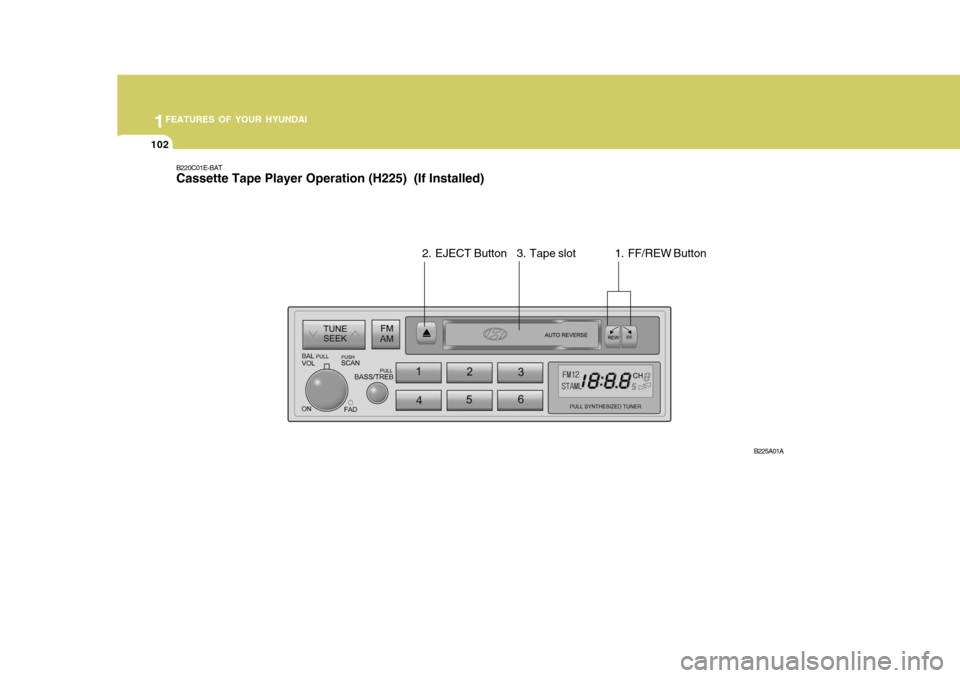 Hyundai Accent 2006 Owners Manual 1FEATURES OF YOUR HYUNDAI
102
B220C01E-BAT Cassette Tape Player Operation (H225) (If Installed)
1. FF/REW Button
B225A01A
2. EJECT Button 3. Tape slot Hyundai Accent 2006 Owners Manual 1FEATURES OF YOUR HYUNDAI
102
B220C01E-BAT Cassette Tape Player Operation (H225) (If Installed)
1. FF/REW Button
B225A01A
2. EJECT Button 3. Tape slot