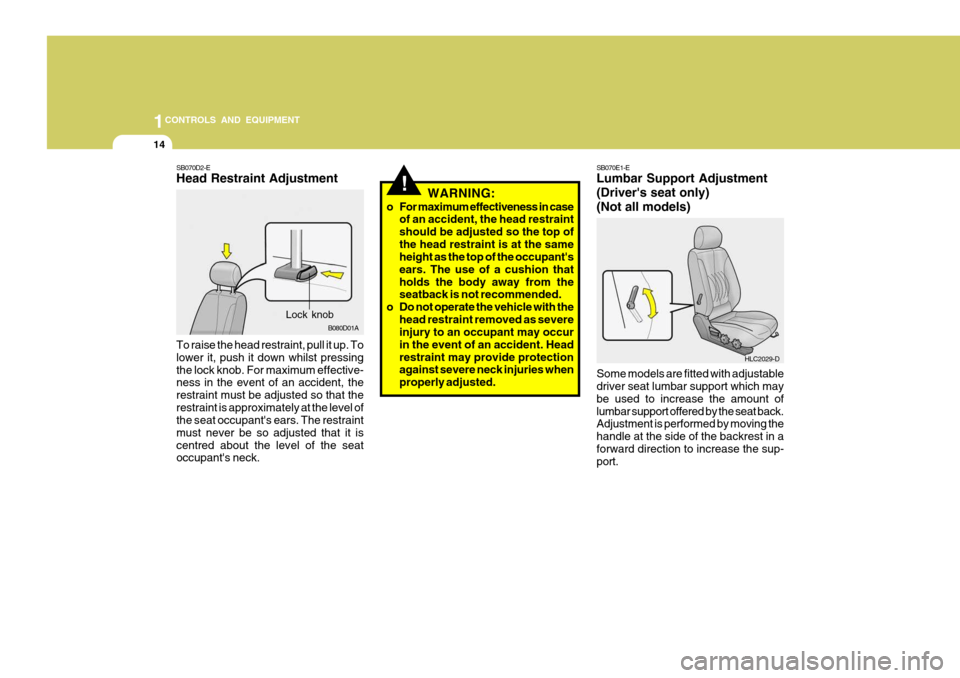 Hyundai Accent 2006  Owners Manual 1CONTROLS AND EQUIPMENT
14
!
SB070D2-E Head Restraint Adjustment To raise the head restraint, pull it up. To lower it, push it down whilst pressingthe lock knob. For maximum effective- ness in the eve