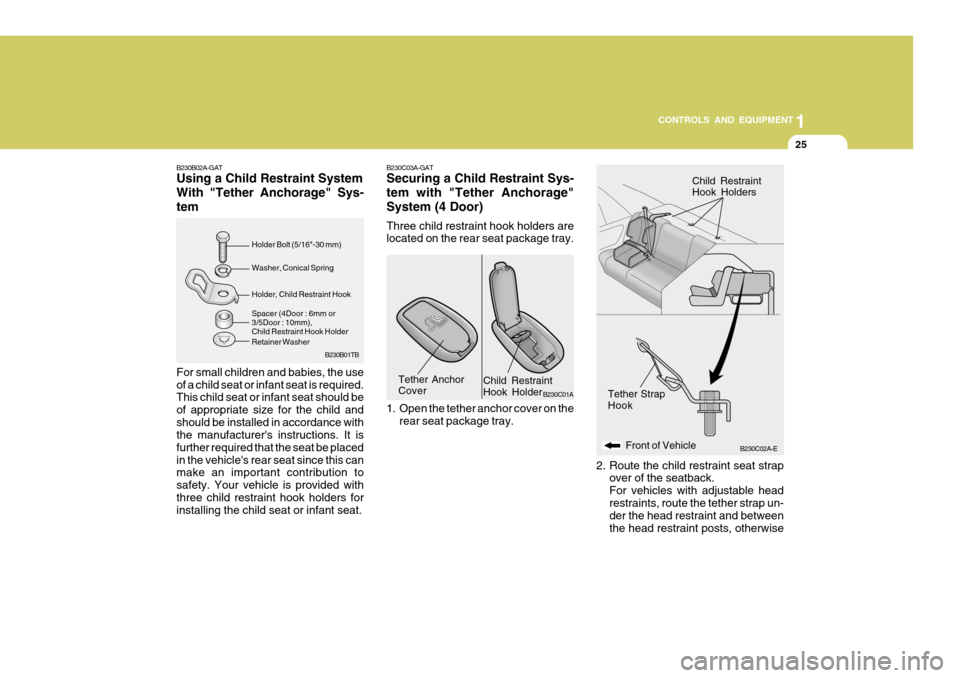 Hyundai Accent 2006 Owners Manual 25
1
CONTROLS AND EQUIPMENT
B230B02A-GAT Using a Child Restraint System With "Tether Anchorage" Sys-tem For small children and babies, the use of a child seat or infant seat is required. This child se Hyundai Accent 2006 Owners Manual 25
1
CONTROLS AND EQUIPMENT
B230B02A-GAT Using a Child Restraint System With "Tether Anchorage" Sys-tem For small children and babies, the use of a child seat or infant seat is required. This child se