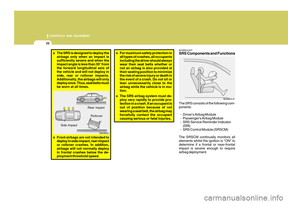 Hyundai Accent 2006 Owners Manual 1CONTROLS AND EQUIPMENT
32
o For maximum safety protection in
all types of crashes, all occupants including the driver should always wear their seat belts whether or not an airbag is also provided att Hyundai Accent 2006 Owners Manual 1CONTROLS AND EQUIPMENT
32
o For maximum safety protection in
all types of crashes, all occupants including the driver should always wear their seat belts whether or not an airbag is also provided att