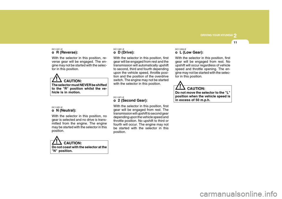 Hyundai Accent 2006 Owners Manual 2
DRIVING YOUR HYUNDAI
11
DC110C1-E o R (Reverse): With the selector in this position, re- verse gear will be engaged. The en-gine may not be started with the selec- tor in this position.
CAUTION:
Th Hyundai Accent 2006 Owners Manual 2
DRIVING YOUR HYUNDAI
11
DC110C1-E o R (Reverse): With the selector in this position, re- verse gear will be engaged. The en-gine may not be started with the selec- tor in this position.
CAUTION:
Th