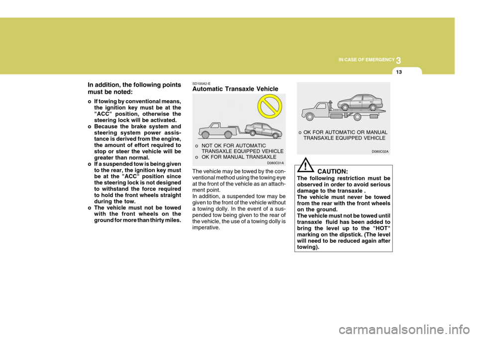 Hyundai Accent 2006 Owners Manual 3
IN CASE OF EMERGENCY
13
D080C02A
D080C01A
SD100A2-E Automatic Transaxle Vehicle The vehicle may be towed by the con- ventional method using the towing eyeat the front of the vehicle as an attach- me Hyundai Accent 2006 Owners Manual 3
IN CASE OF EMERGENCY
13
D080C02A
D080C01A
SD100A2-E Automatic Transaxle Vehicle The vehicle may be towed by the con- ventional method using the towing eyeat the front of the vehicle as an attach- me