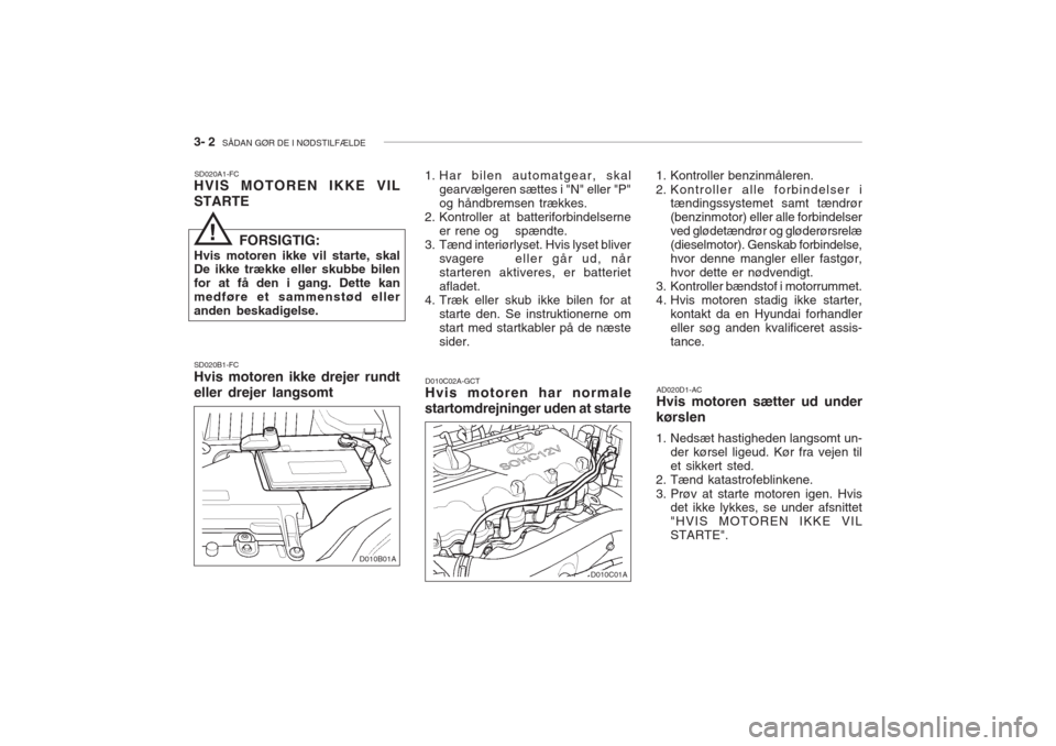 Hyundai Accent 2006 Instruktionsbog (in Danish) 3- 2 SÅDAN GØR DE I NØDSTILFÆLDE
SD020A1-FC
HVIS MOTOREN IKKE VIL STARTE SD020B1-FC Hvis motoren ikke drejer rundt eller drejer langsomt D010C02A-GCT Hvis motoren har normale
startomdrejninger ud Hyundai Accent 2006 Instruktionsbog (in Danish) 3- 2 SÅDAN GØR DE I NØDSTILFÆLDE
SD020A1-FC
HVIS MOTOREN IKKE VIL STARTE SD020B1-FC Hvis motoren ikke drejer rundt eller drejer langsomt D010C02A-GCT Hvis motoren har normale
startomdrejninger ud