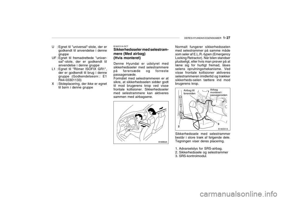 Hyundai Accent 2006  Instruktionsbog (in Danish) DERES HYUNDAIS EGENSKABER   1- 27
B180C01A-GCT Sikkerhedsseler med selestram-
mere (Med airbag)
(Hvis monteret) Denne Hyundai er udstyret med
sikkerhedsseler med selestrammere på førersæde og forre