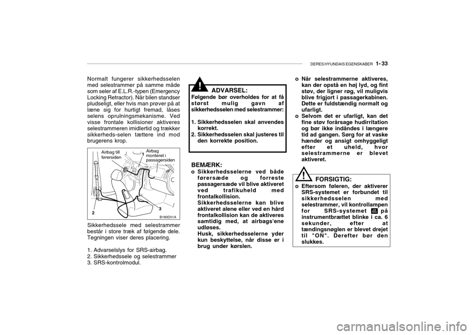 Hyundai Accent 2006  Instruktionsbog (in Danish) DERES HYUNDAIS EGENSKABER   1- 33
B180D01A
1
2 3
!
Airbag till førersidenAirbag monteret i passagersiden
Normalt fungerer sikkerhedsselen med selestrammer på samme måde som seler af E.L.R.-typen (E