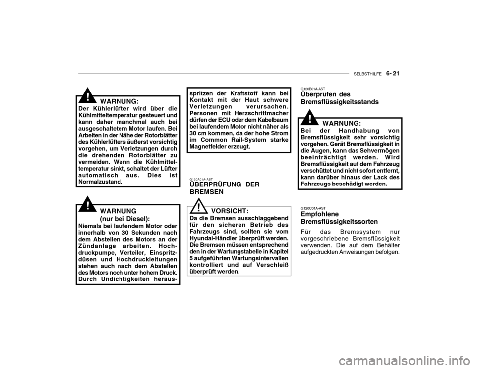 Hyundai Accent 2006  Betriebsanleitung (in German) SELBSTHILFE    6- 21
G120C01A-AST Empfohlene Bremsflüssigkeitssorten Für das Bremssystem nur vorgeschriebene Bremsflüssigkeitverwenden. Die auf dem Behälter aufgedruckten Anweisungen befolgen.
WAR