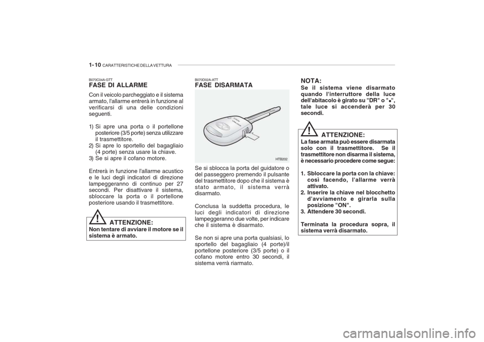 Hyundai Accent 2006 Manuale del proprietario (in Italian) 1- 10 CARATTERISTICHE DELLA VETTURA
B070D02A-ATT FASE DISARMATA Se si sblocca la porta del guidatore o del passeggero premendo il pulsantedel trasmettitore dopo che il sistema èstato armato, il sist Hyundai Accent 2006 Manuale del proprietario (in Italian) 1- 10 CARATTERISTICHE DELLA VETTURA
B070D02A-ATT FASE DISARMATA Se si sblocca la porta del guidatore o del passeggero premendo il pulsantedel trasmettitore dopo che il sistema èstato armato, il sist
