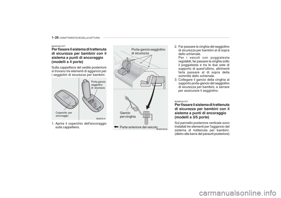 Hyundai Accent 2006 Manuale del proprietario (in Italian) 1- 26 CARATTERISTICHE DELLA VETTURA
B230C02A-EParte anteriore del veicolo
Coperchio per ancoraggio Porta-gancioseggiolinodi sicurezza
Gancio per cinghiaPorta-gancio seggiolino di sicurezza
B230C03A-G Hyundai Accent 2006 Manuale del proprietario (in Italian) 1- 26 CARATTERISTICHE DELLA VETTURA
B230C02A-EParte anteriore del veicolo
Coperchio per ancoraggio Porta-gancioseggiolinodi sicurezza
Gancio per cinghiaPorta-gancio seggiolino di sicurezza
B230C03A-G