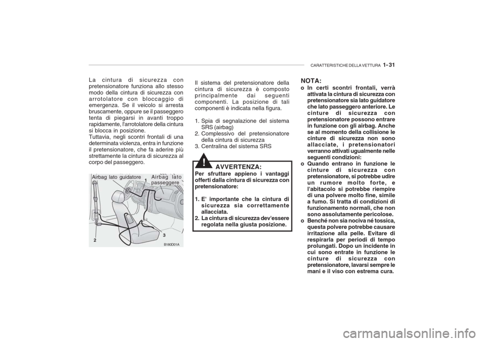 Hyundai Accent 2006 Manuale del proprietario (in Italian) CARATTERISTICHE DELLA VETTURA 1- 31
B180D01A
1
2 3
NOTA:
o In certi scontri frontali, verrà attivata la cintura di sicurezza con pretensionatore sia lato guidatore che lato passeggero anteriore. Le Hyundai Accent 2006 Manuale del proprietario (in Italian) CARATTERISTICHE DELLA VETTURA 1- 31
B180D01A
1
2 3
NOTA:
o In certi scontri frontali, verrà attivata la cintura di sicurezza con pretensionatore sia lato guidatore che lato passeggero anteriore. Le