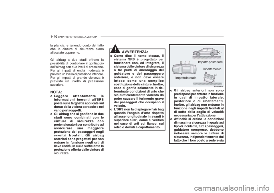 Hyundai Accent 2006 Manuale del proprietario (in Italian) 1- 40 CARATTERISTICHE DELLA VETTURA
B240A04A
Impatto posteriore
Impatto laterale Ribaltamento
o Gli airbag anteriori non sono predisposti per entrare in funzione in casi di impatto laterale, posterio Hyundai Accent 2006 Manuale del proprietario (in Italian) 1- 40 CARATTERISTICHE DELLA VETTURA
B240A04A
Impatto posteriore
Impatto laterale Ribaltamento
o Gli airbag anteriori non sono predisposti per entrare in funzione in casi di impatto laterale, posterio
