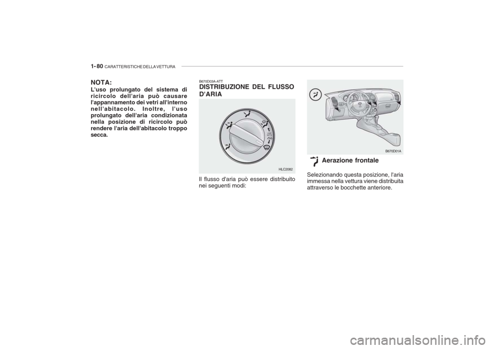 Hyundai Accent 2006 Manuale del proprietario (in Italian) 1- 80 CARATTERISTICHE DELLA VETTURA
B670D03A-ATT DISTRIBUZIONE DEL FLUSSO DARIA
Il flusso daria può essere distribuito nei seguenti modi: Aerazione frontale
Selezionando questa posizione, laria i Hyundai Accent 2006 Manuale del proprietario (in Italian) 1- 80 CARATTERISTICHE DELLA VETTURA
B670D03A-ATT DISTRIBUZIONE DEL FLUSSO DARIA
Il flusso daria può essere distribuito nei seguenti modi: Aerazione frontale
Selezionando questa posizione, laria i