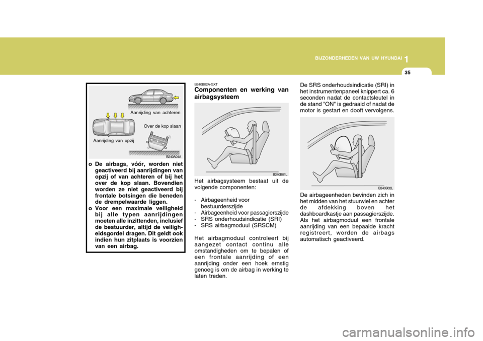 Hyundai Accent 2006  Handleiding (in Dutch) 1
BIJZONDERHEDEN VAN UW HYUNDAI
35
B240A04A De SRS onderhoudsindicatie (SRI) in het instrumentenpaneel knippert ca. 6seconden nadat de contactsleutel in de stand "ON" is gedraaid of nadat de motor is 