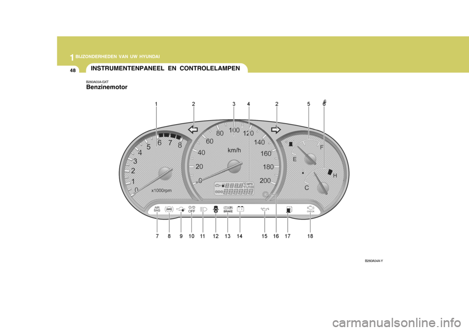 Hyundai Accent 2006 Handleiding (in Dutch) 1BIJZONDERHEDEN VAN UW HYUNDAI
48INSTRUMENTENPANEEL EN CONTROLELAMPEN
B260A03A-GXT Benzinemotor
B260A04A-Y
6 Hyundai Accent 2006 Handleiding (in Dutch) 1BIJZONDERHEDEN VAN UW HYUNDAI
48INSTRUMENTENPANEEL EN CONTROLELAMPEN
B260A03A-GXT Benzinemotor
B260A04A-Y
6