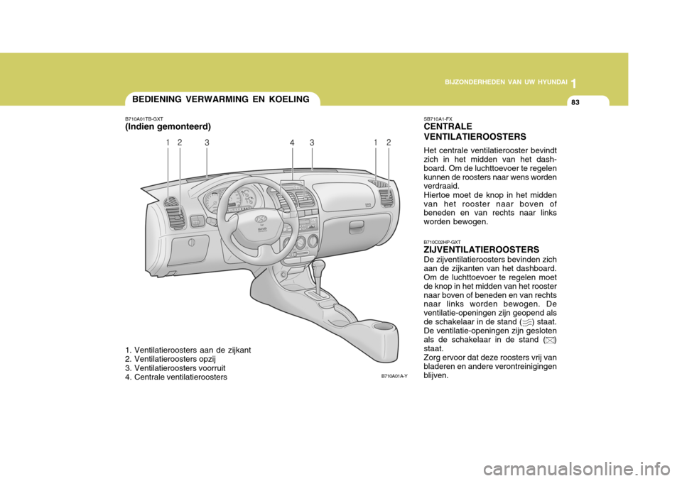 Hyundai Accent 2006 Handleiding (in Dutch) 1
BIJZONDERHEDEN VAN UW HYUNDAI
83BEDIENING VERWARMING EN KOELING
B710A01A-Y
B710A01TB-GXT (Indien gemonteerd)
1. Ventilatieroosters aan de zijkant
2. Ventilatieroosters opzij
3. Ventilatieroosters Hyundai Accent 2006 Handleiding (in Dutch) 1
BIJZONDERHEDEN VAN UW HYUNDAI
83BEDIENING VERWARMING EN KOELING
B710A01A-Y
B710A01TB-GXT (Indien gemonteerd)
1. Ventilatieroosters aan de zijkant
2. Ventilatieroosters opzij
3. Ventilatieroosters