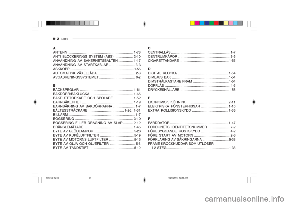 Hyundai Accent 2006  Ägarmanual (in Swedish) 9- 2  INDEX
C 
CENTRALLÅS ............................................................. 1-7 
CENTRUMKÅPOR ...................................................... 3-6 CIGARETTÄNDARE .................