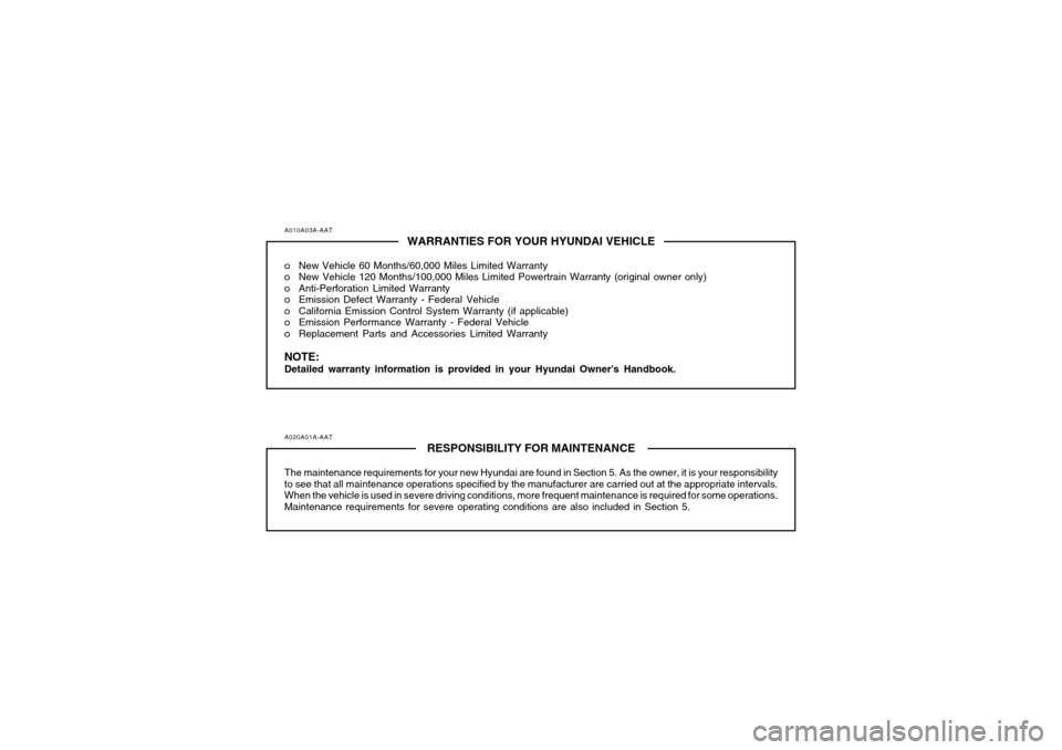 Hyundai Accent 2005  Owners Manual A010A03A-AAT
WARRANTIES FOR YOUR HYUNDAI VEHICLE
o New Vehicle 60 Months/60,000 Miles Limited Warranty
o New Vehicle 120 Months/100,000 Miles Limited Powertrain Warranty (original owner only)
o Anti-P