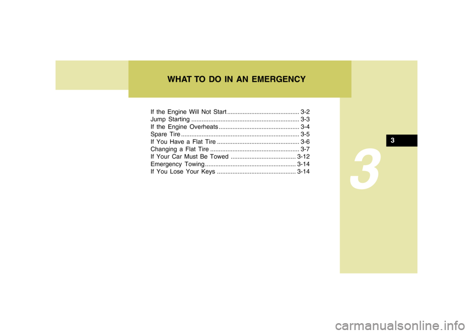 Hyundai Accent 2005  Owners Manual If the Engine Will Not Start .......................................... 3-2
Jump Starting ............................................................... 3-3
If the Engine Overheats ..................