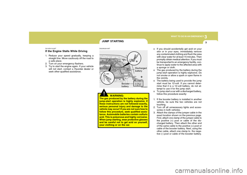 Hyundai Accent 2005 Owners Manual 3
WHAT TO DO IN AN EMERGENCY
3
JUMP STARTING
D010D01A-AATIf the Engine Stalls While Driving1. Reduce your speed gradually, keeping a
straight line. Move cautiously off the road to
a safe place.
2. Tur Hyundai Accent 2005 Owners Manual 3
WHAT TO DO IN AN EMERGENCY
3
JUMP STARTING
D010D01A-AATIf the Engine Stalls While Driving1. Reduce your speed gradually, keeping a
straight line. Move cautiously off the road to
a safe place.
2. Tur