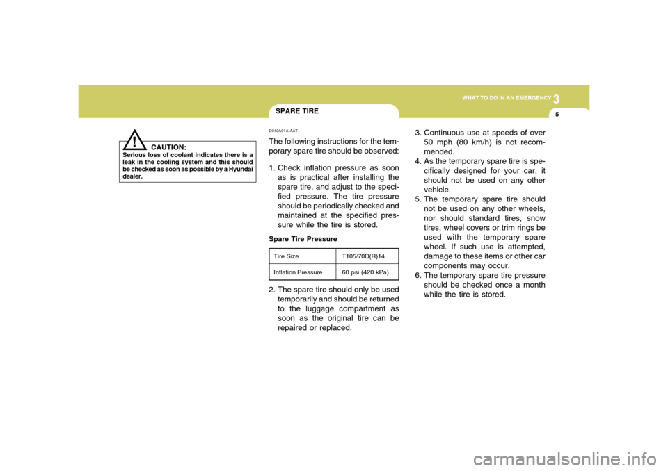 Hyundai Accent 2005  Owners Manual 3
WHAT TO DO IN AN EMERGENCY
5
SPARE TIRE
Spare Tire PressureD040A01A-AATThe following instructions for the tem-
porary spare tire should be observed:
1. Check inflation pressure as soon
as is practic