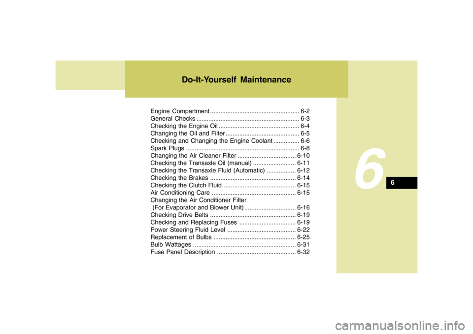 Hyundai Accent 2005  Owners Manual Engine Compartment .................................................... 6-2
General Checks ............................................................ 6-3
Checking the Engine Oil ....................