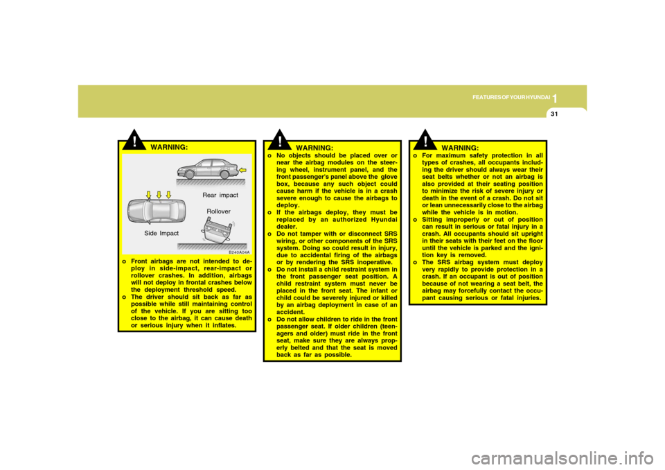 Hyundai Accent 2005 User Guide 1
FEATURES OF YOUR HYUNDAI
31
WARNING:
o No objects should be placed over or
near the airbag modules on the steer-
ing wheel, instrument panel, and the
front passengers panel above the  glove
box, be