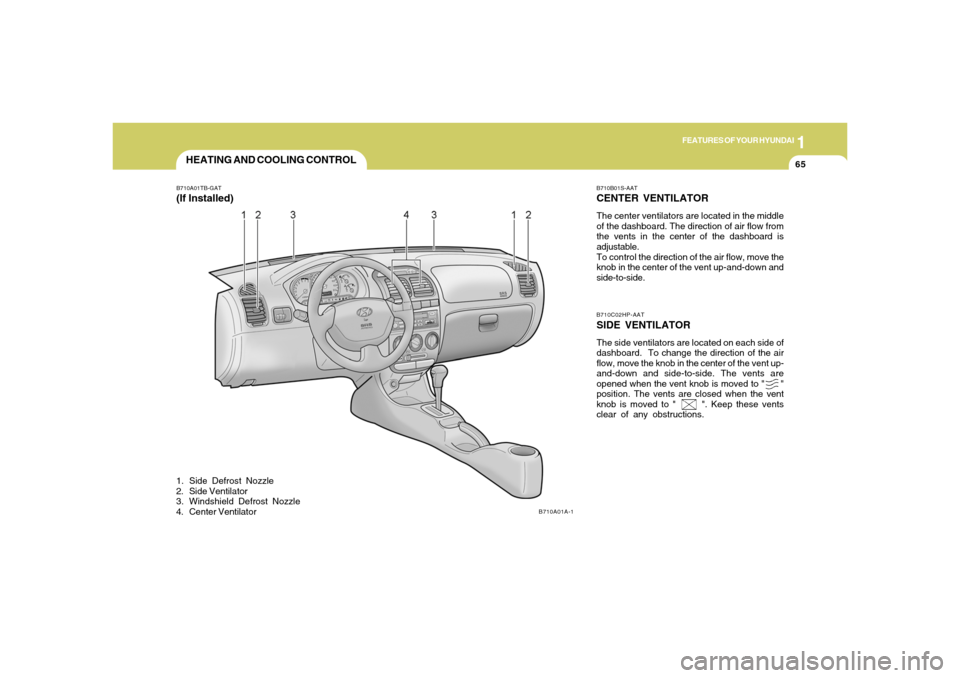 Hyundai Accent 2005  Owners Manual 1
FEATURES OF YOUR HYUNDAI
65
HEATING AND COOLING CONTROLB710A01TB-GAT(If Installed)
B710A01A-1
1. Side Defrost Nozzle
2. Side Ventilator
3. Windshield Defrost Nozzle
4. Center Ventilator
B710B01S-AAT