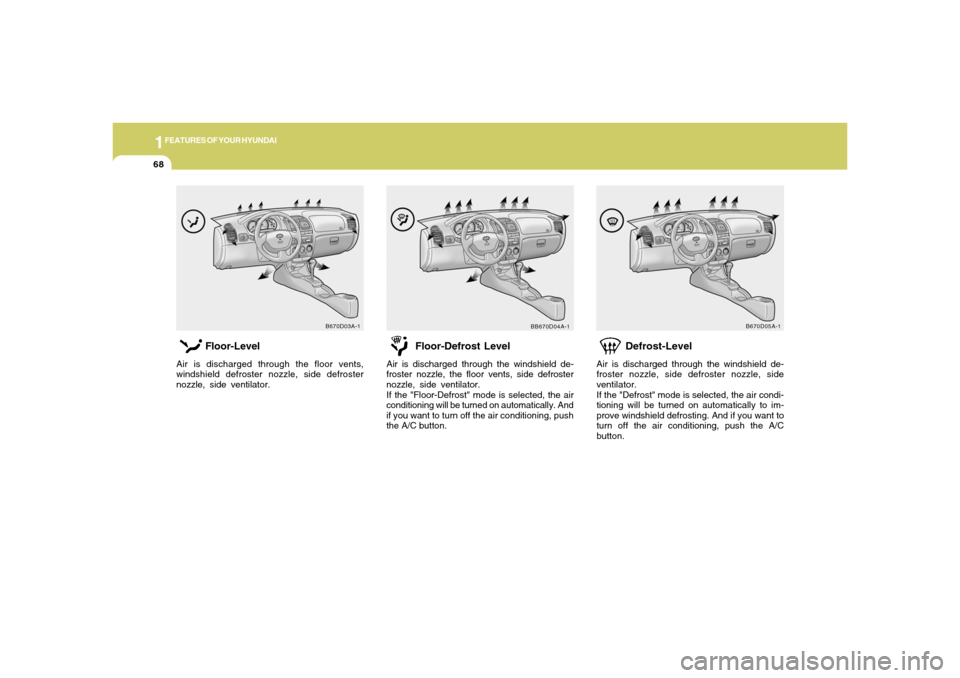 Hyundai Accent 2005 Manual PDF 1FEATURES OF YOUR HYUNDAI68
Defrost-Level
Air is discharged through the windshield de-
froster nozzle, side defroster nozzle, side
ventilator.
If the "Defrost" mode is selected, the air condi-
tioning Hyundai Accent 2005 Manual PDF 1FEATURES OF YOUR HYUNDAI68
Defrost-Level
Air is discharged through the windshield de-
froster nozzle, side defroster nozzle, side
ventilator.
If the "Defrost" mode is selected, the air condi-
tioning