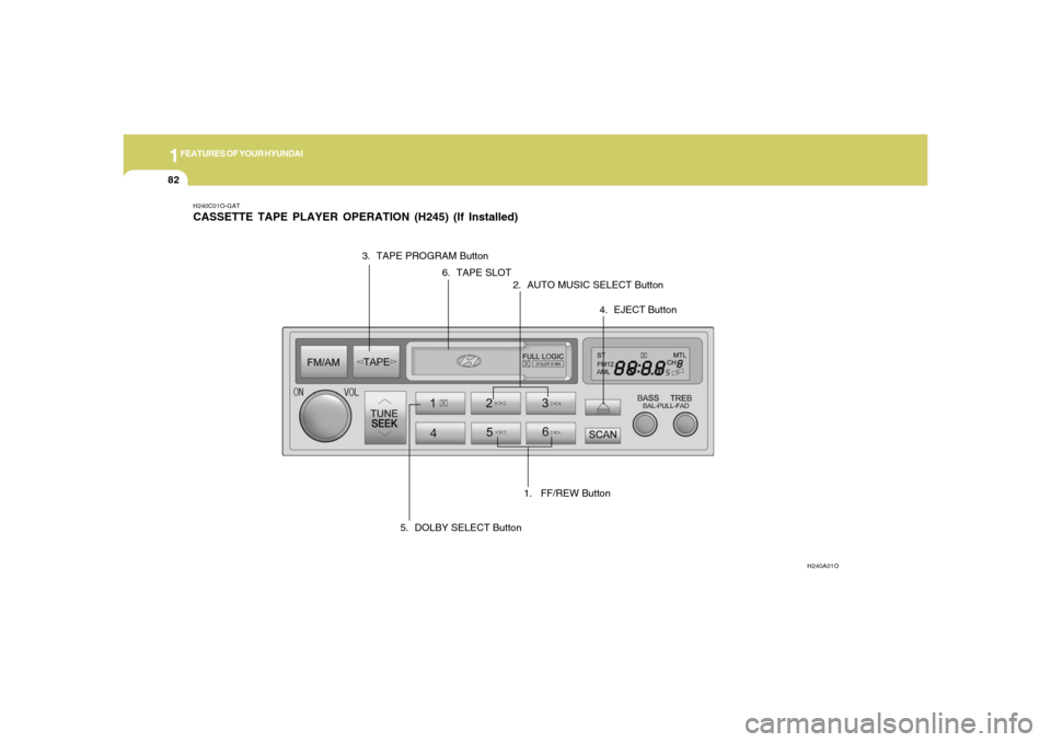 Hyundai Accent 2005 Owners Manual 1FEATURES OF YOUR HYUNDAI82
H240C01O-GATCASSETTE TAPE PLAYER OPERATION (H245) (If Installed)
H240A01O
3. TAPE PROGRAM Button
2. AUTO MUSIC SELECT Button
4. EJECT Button
1. FF/REW Button
6. TAPE SLOT
Hyundai Accent 2005 Owners Manual 1FEATURES OF YOUR HYUNDAI82
H240C01O-GATCASSETTE TAPE PLAYER OPERATION (H245) (If Installed)
H240A01O
3. TAPE PROGRAM Button
2. AUTO MUSIC SELECT Button
4. EJECT Button
1. FF/REW Button
6. TAPE SLOT