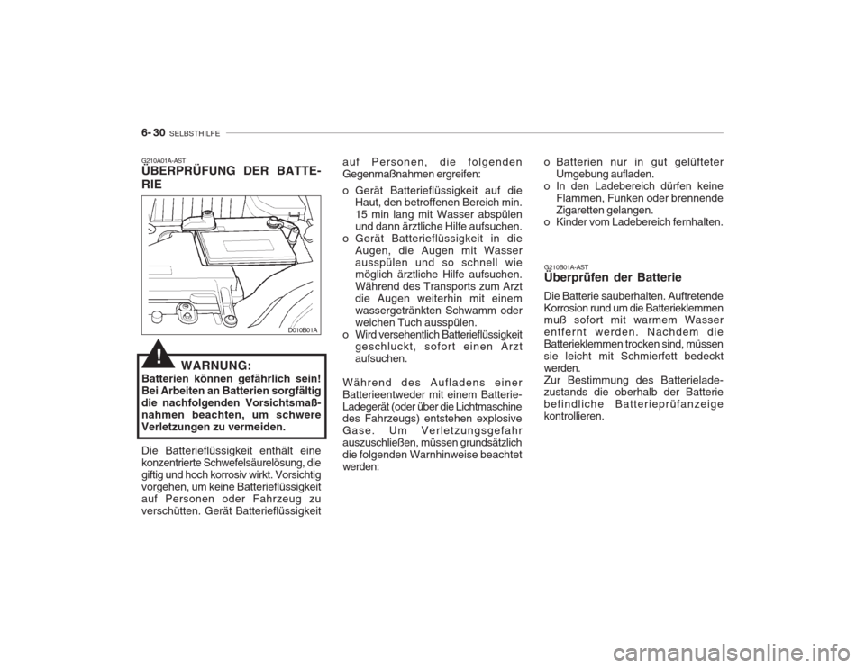 Hyundai Accent 2005  Betriebsanleitung (in German) 6- 30  SELBSTHILFE
G210B01A-AST Überprüfen der Batterie
Die Batterie sauberhalten. Auftretende Korrosion rund um die Batterieklemmen muß sofort mit warmem Wasser entfernt werden. Nachdem dieBatteri