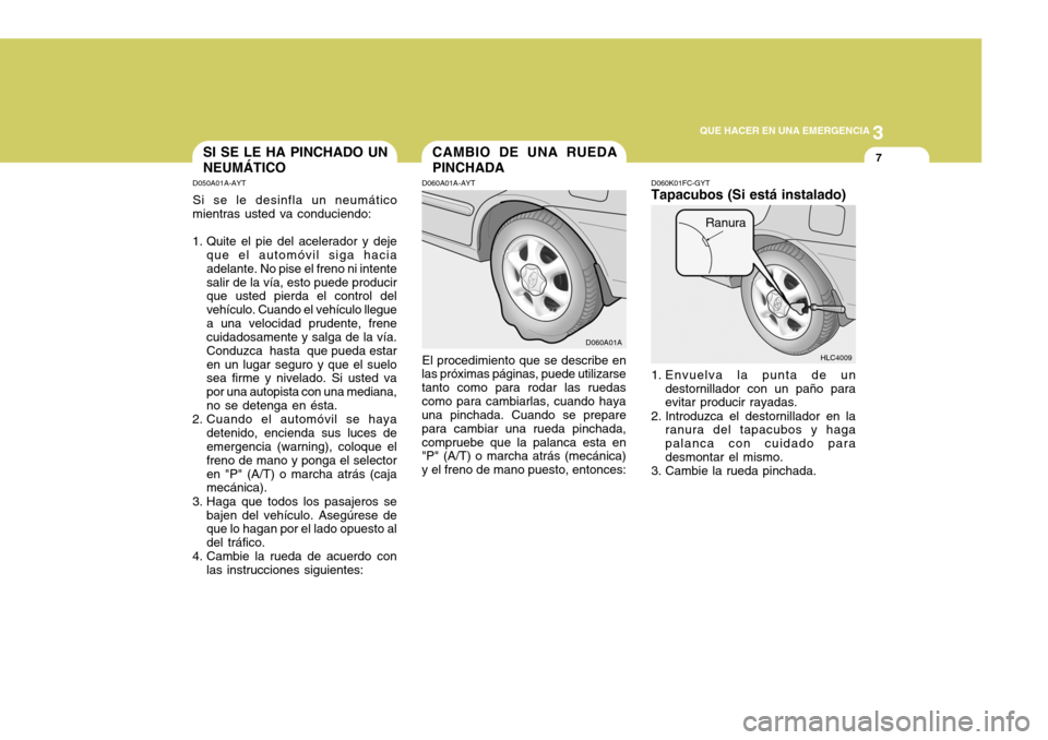 Hyundai Accent 2005  Manual del propietario (in Spanish) 3
 QUE HACER EN UNA EMERGENCIA
7
D060A01A
CAMBIO DE UNA RUEDA PINCHADASI SE LE HA PINCHADO UN NEUMÁTICO
D050A01A-AYT Si se le desinfla un neumático
mientras usted va conduciendo: 
1. Quite el pie de