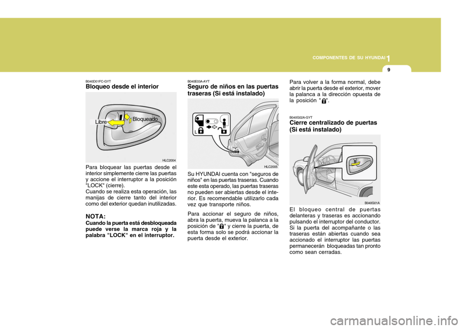 Hyundai Accent 2005 Manual del propietario (in Spanish) 1
COMPONENTES DE SU HYUNDAI
9
HLC2004
B040D01FC-GYT Bloqueo desde el interior Para bloquear las puertas desde el
interior simplemente cierre las puertas y accione el interruptor a la posición "LOCK" Hyundai Accent 2005 Manual del propietario (in Spanish) 1
COMPONENTES DE SU HYUNDAI
9
HLC2004
B040D01FC-GYT Bloqueo desde el interior Para bloquear las puertas desde el
interior simplemente cierre las puertas y accione el interruptor a la posición "LOCK"