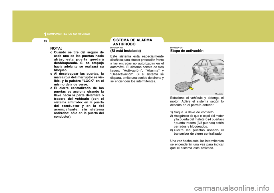 Hyundai Accent 2005  Manual del propietario (in Spanish) 1COMPONENTES DE SU HYUNDAI
10
B070A01A-AYT (Si está instalado) Este sistema está especialmente
diseñado para ofrecer protección frente a las entradas no autorizadas en elautomóvil. El sistema con