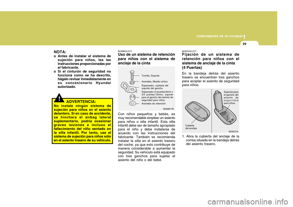 Hyundai Accent 2005 Manual del propietario (in Spanish) 1
COMPONENTES DE SU HYUNDAI
29
!
B230B01TB
NOTA:
o Antes de instalar el sistema de sujeción para niños, lea las instrucciones proporcionadas por el fabricante.
o Si el cinturón de seguridad no func Hyundai Accent 2005 Manual del propietario (in Spanish) 1
COMPONENTES DE SU HYUNDAI
29
!
B230B01TB
NOTA:
o Antes de instalar el sistema de sujeción para niños, lea las instrucciones proporcionadas por el fabricante.
o Si el cinturón de seguridad no func