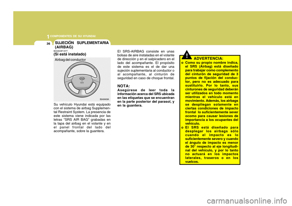 Hyundai Accent 2005 Manual del propietario (in Spanish) 1COMPONENTES DE SU HYUNDAI
36
!
SUJECIÓN SUPLEMENTARIA (AIRBAG)
B240A03A EI SRS-AIRBAG consiste en unas bolsas de aire instaladas en el volantede dirección y en el salpicadero en el lado del acompa Hyundai Accent 2005 Manual del propietario (in Spanish) 1COMPONENTES DE SU HYUNDAI
36
!
SUJECIÓN SUPLEMENTARIA (AIRBAG)
B240A03A EI SRS-AIRBAG consiste en unas bolsas de aire instaladas en el volantede dirección y en el salpicadero en el lado del acompa
