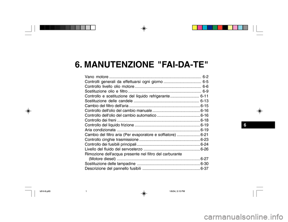 Hyundai Accent 2005  Manuale del proprietario (in Italian) 6. MANUTENZIONE "FAI-DA-TE"
Vano motore ................................................................................... 6-2 
Controlli generali da effettuarsi ogni giorno .........................