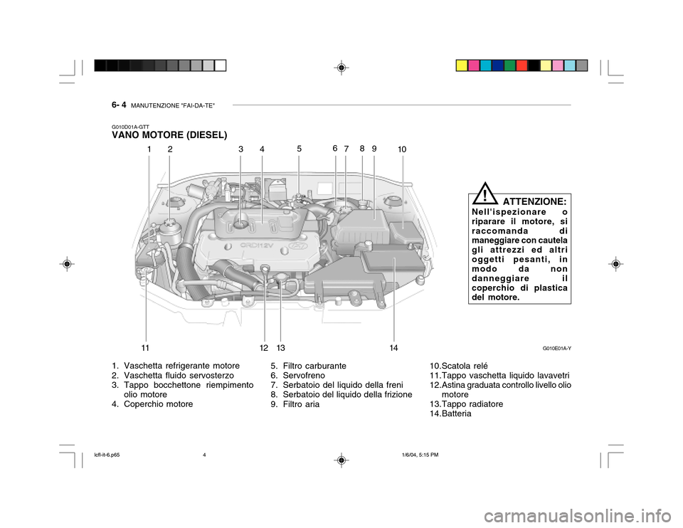 Hyundai Accent 2005  Manuale del proprietario (in Italian) 6- 4  MANUTENZIONE "FAI-DA-TE"
5. Filtro carburante 
6. Servofreno 
7. Serbatoio del liquido della freni 
8. Serbatoio del liquido della frizione 
9. Filtro aria
1. Vaschetta refrigerante motore
2. Va