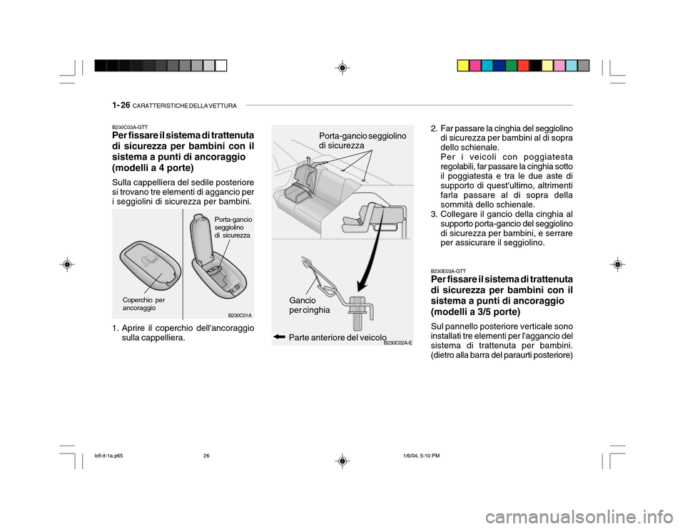 Hyundai Accent 2005 Manuale del proprietario (in Italian) 1- 26 CARATTERISTICHE DELLA VETTURA
B230C02A-EParte anteriore del veicolo
Coperchio per ancoraggio Porta-gancioseggiolinodi sicurezza
Gancio per cinghiaPorta-gancio seggiolinodi sicurezza
B230C03A-GT Hyundai Accent 2005 Manuale del proprietario (in Italian) 1- 26 CARATTERISTICHE DELLA VETTURA
B230C02A-EParte anteriore del veicolo
Coperchio per ancoraggio Porta-gancioseggiolinodi sicurezza
Gancio per cinghiaPorta-gancio seggiolinodi sicurezza
B230C03A-GT
