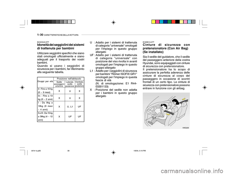 Hyundai Accent 2005 Manuale del proprietario (in Italian) 1- 30 CARATTERISTICHE DELLA VETTURA
B230H04A-GTT Idoneità dei seggiolini dei sistemi di trattenuta per bambini Utilizzare seggiolini specifici che siano stati omologati ufficialmente e siano adeguat Hyundai Accent 2005 Manuale del proprietario (in Italian) 1- 30 CARATTERISTICHE DELLA VETTURA
B230H04A-GTT Idoneità dei seggiolini dei sistemi di trattenuta per bambini Utilizzare seggiolini specifici che siano stati omologati ufficialmente e siano adeguat