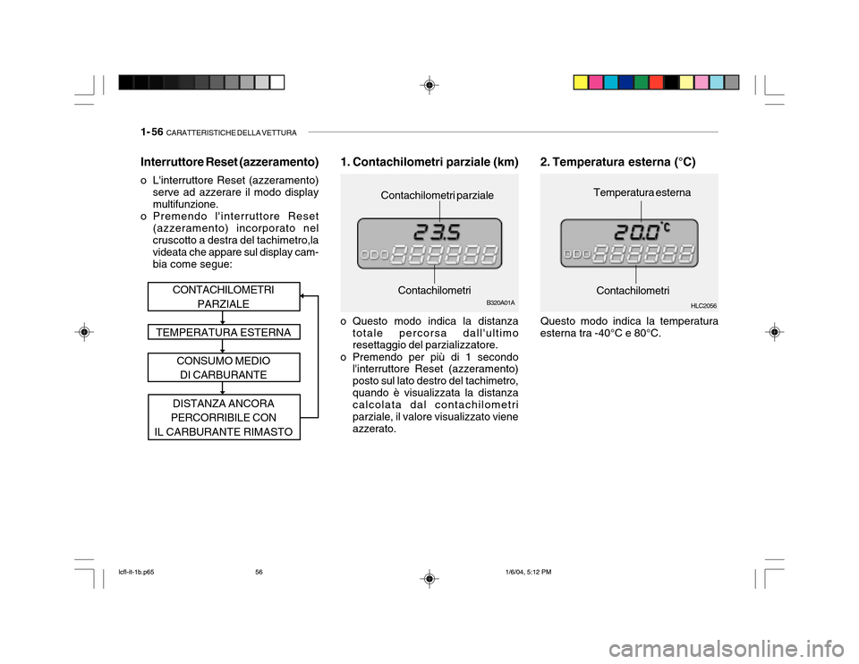 Hyundai Accent 2005 Manuale del proprietario (in Italian) 1- 56 CARATTERISTICHE DELLA VETTURA
Interruttore Reset (azzeramento)
o Linterruttore Reset (azzeramento)
serve ad azzerare il modo display multifunzione.
o Premendo linterruttore Reset (azzerament Hyundai Accent 2005 Manuale del proprietario (in Italian) 1- 56 CARATTERISTICHE DELLA VETTURA
Interruttore Reset (azzeramento)
o Linterruttore Reset (azzeramento)
serve ad azzerare il modo display multifunzione.
o Premendo linterruttore Reset (azzerament